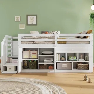MODFU Hochbett Kinderbett 90x200cm mit Schrank und Schublade/Schreibtisch, Kinderbett mit Treppe und Leiter, Etagenbett Hausbett Massivholz Jugendb... - Weiß