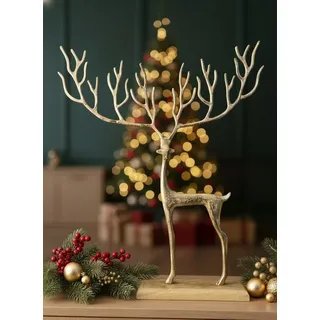 MF Skulptur Goldenes Rentier mit Grafischem Geweih Hirsch Weihnachtsdeko goldfarben
