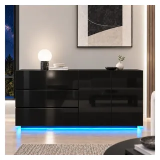 Simurq Kommode Hochglanz Sideboard Modern mit LED, 2 Türen und 3 Schubladen, Weiß (Packung, Hochglanz Buffetschrank Küchenschrank), Wohnzimmerschrank für Wohnzimmer, Esszimmer und Flur, 160x35x71 cm schwarz