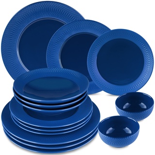 MELOX - 14-teiliges Geschirr-Set für 4 Personen aus Porzellan Blau Matt - Tafelgeschirr Set aus 12 Teller & 2 Schälchen im modernen London-Design (rund) - Geschirrservice & Tafelservice Vintage-Look