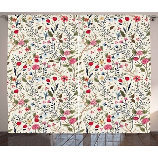 Gardine Schlafzimmer Kräuselband Vorhang mit Schlaufen und Haken, Abakuhaus, Blumen Vögel Rosen-Tupfen bunt 280 cm x 245 cm
