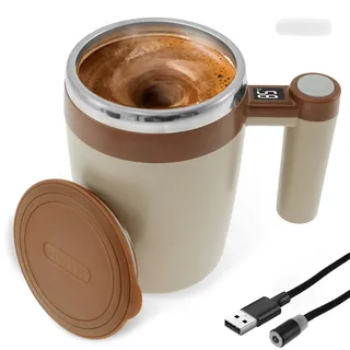 Selbstrührende Tasse USB 400ml Self Stirring Mug mit Anzeigebildschirm Temperatur Anzeigen Anti Rutsch Boden Elektrische Tasse Selbstrührend für Kaffee Tee Heiße Schokolade Milch (Braun)