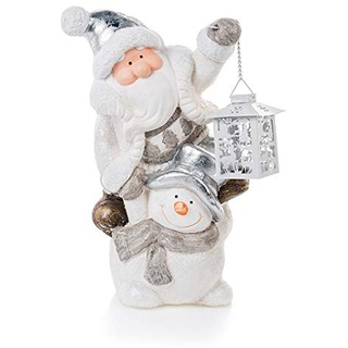 EUROCINSA Figur Weihnachtsmann und Schneemann mit Laterne 28 x 20 x 38 cm 1 Stück, Polyresin, Weiß/Silber, Einheitsgröße