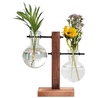 Reagenzglas Vase aus Holz, Glas Reagenzglas Vasen, Hydroponische Vase mit Holzrahmen, Reagenzglas Blumenvase, Pflanzen Ableger Glas, für Office Home Decoration, 2 Bulb Vasen