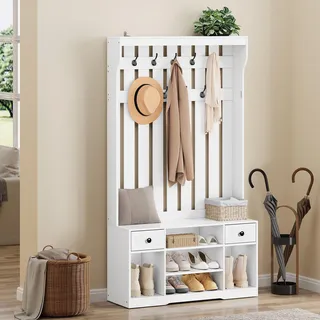YITAHOME Garderobenständer mit Schuhbank, Garderobe 9 Haken, Flurgarderobe