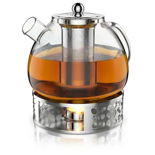 Arendo Teekanne Glas Teebereiter mit Stövchen, Sieb für losen Tee, Kräuter, Früchtetee, 1,5 l, (Set, Glaskanne, Teesieb, Rechaud), Borosilikatglas, Tischkocher, Edelstahlsieb, hitzebeständig, Geschenk silberfarben|weiß