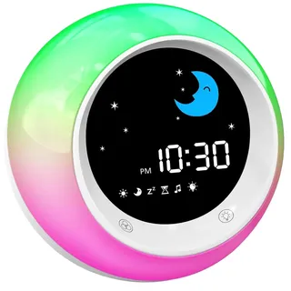 Kinderwecker, Schlaftrainer Kinder mit 9 Nachtlichtern | Soundmaschine, Snooze und Timer, Digitaler Wecker Kinder für Jungen und Mädchen