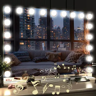 Habison Hollywood Spiegel 80 x 60 cm Mit Bluetooth Mit 19 LED Lampen, Schminkspiegel Mit USB Ausgang Und 5 Facher Vergrößerung Bluetooth Kosmetikspiegel, 3 Farbtemperatur Licht, Touchscreen