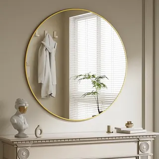 BEAUTYPEAK 90 cm Runder Spiegel, Wandspiegel mit Gold Aluminiumrahmen