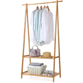 Finnhomy Kleiderständer Bambus, Kleiderstange mit 2 Ablagen, 152 x 90 x 42,5 cm für Waschküche, Wohnzimmer, Schlafzimmer