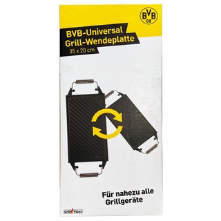Grillfürst Universal Gusseisenplatte Grill BVB Borussia Dortmund Edition 35 x 20 cm - massive Gusseisen Grillplatte mit großen Griffen, Gussplatte beidseitig verwendbar, für Gasgrill u. v. m.
