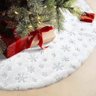 RongXuan Weihnachtsbaum Rock Plüsch Rund Weichnachtsbaumdecke mit Pailletten Schneeflocke Christbaumständer Teppich Baumdecke 35 Zoll Silber