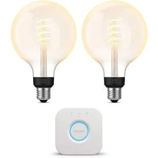 Philips Hue Starterpaket - E27 - mit 2 Filament Globe Lampen Groß (G125) - Warm bis Kaltweißes Licht - inkl. 1 Hue Bridge - Hue White Ambiance Filament