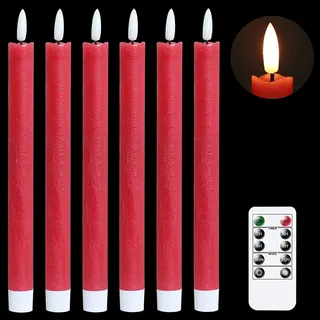 Eldnacele LED Stabkerzen mit Timerfunktion, flackernde Flamme LED Echtwachskerzen mit Fernbedienung, Stabkerzen Rot 6 Stück (2 x 25CM) für Weihnachtsdeko, Zimmer Deko, Hochzeit und Party