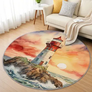 AevuCub Leuchtturm Teppich Rund 60 cm Kurzflor - Waschbare Teppiche Wohnzimmer Nautisch - Runder Teppich 60 cm Durchmesser Kinderzimmer - Bettvorleger Schlafzimmer rutschfest Weich