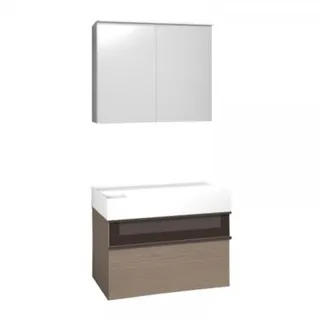 burgbad Yumo Set Mineralguss-Waschtisch inklusive Waschtischunterschrank, inklusive Spiegelschrank mit LED-Waschtischbeleuchtung, Breite: 815mm, SFLA082F3196G0179, Farbe: Eiche Naturbeige Wellenschlag