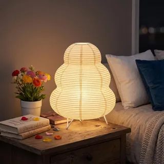 Reispapier Tischlampe Mit E14 Fassung, Kabel Und LED-Birne, 26cm | Handgefertigter Papierschirm, warmes Licht, faltbares Design und ideal für Schlafzimmer, Wohnzimmer und Büro