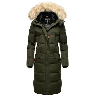 MARIKOO Damen Wintermantel warmer Steppmantel lang mit abnehmbarem Kunstfell und Kapuze Schneesternchen Oliv Gr. XL - XL