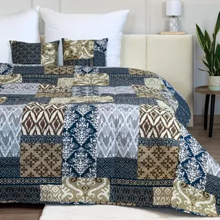 Euromat Tagesdecke Steppdecke Bettüberwurf Gesteppte Tagesdecke mit 2 Kissenbezüge 40x40 cm- (Blau Beige Braun- SY-6750, 180x220 cm)