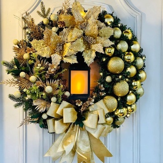 LED Künstlicher Weihnachtskranz für Tür, 40cm Türkranz Weihnachten außen und innen - Adventskranz mit Kerzenlaterne Beleuchtet Batterie Deko Kranz mit Kugel Schleife Weihnachtsdeko (Gold)