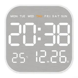 Oniissy Digitale LED-Wanduhr mit großem Display, einstellbare Helligkeit, Temperaturanzeige, Datums- und Alarmfunktionen für Zuhause, Büro, Schlafzimmer, Küche, Dekor (weiße Schale)
