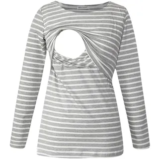 Smallshow Damen Stillshirt Umstandsmode T-Shirt Umstandstop Umstandsshirt Schwangerschaft Kleidung Stilltop Langarmshirt Grey Stripe M - M