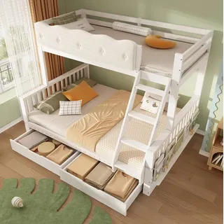 REDOM Etagenbett Design-Hausbett in Holzoptik mit Wolken-Geländer & Stauraum (Packung, Weiß, 90×200 / 140×200 cm, für Kinder & Erwachsene), Blütenblatt-Design, Filzsticker, Lammwoll-Optik, mit zwei Matratze weiß