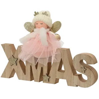 Kaemingk Weihnachtsfigur, Deko Aufsteller Holz 24x16cm Schriftzug XMAS mit Engel Natur Braun braun|rosa