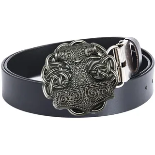 JIARY Herren-Gürtelherren Gürtel, Gürtel Herren Western Cowboy, Ledergürtel mit Wikinger-Thorshammer-Muster Runder Legierungsschnalle Vintage-Gürtel,Black a,110CM/43.3''