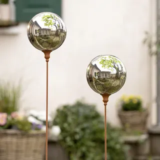 Dekoleidenschaft Gartenstecker Kugel aus Metall in Rost-Optik, 118 cm hoch, Dekostecker mit verspiegelter Kugel, Garten-Deko für Draußen, Outdoor Metallstecker, Beetstecker