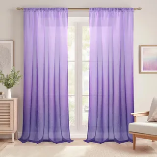 DWCN Lila Wohnzimmer Gardinen mit Kräuselband Transparent Farbverlauf | 2er Set H260 x B140 cm, Luftig Dekoschal Vorhänge für Schienensystem, Bodenlange Voile Vorhang für Große Fenster Schlafzimmer