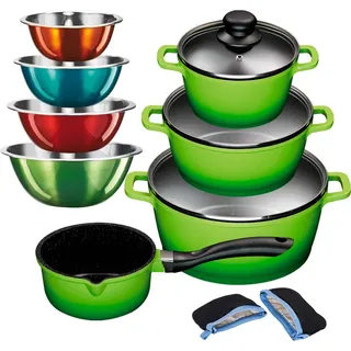 KING Topf-Set ALUGUSS, Aluminiumguss (Set, 13-tlg., je 1 Kochtopf 16/20/24 cm, 1x Stieltopf 16 cm, 4 Schüsseln, Grips), Glasdeckel,Induktion,Keramikantihaftbeschichtung bunt|grün