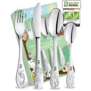 Geschenkfreude Kinderbesteck mit Namensgravur Farmfreude - 4-teilig | Besteck mit Gravur,Besteckset mit Gravur personalisiert, Taufgeschenke Junge/Mädchen, Besteck mit Namen für Kinder Geschenk