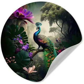 MuchoWow Wandsticker Pfau - Blumen - Dschungel - Regenbogen - Federn (1 St), Tapetensticker Selbstklebend, Wandbild Wohnzimmer, 80x80 cm bunt 80 cm x 80 cm x 0.1 cm