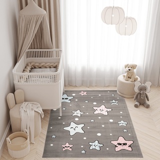 TAPISO Baby Teppich Kinderteppich Kurzflor Grau Blau Rosa Taupe Weiß Sterne Smiley Tropfen Kinderzimmer Jugendzimmer Modern 200 x 300 cm
