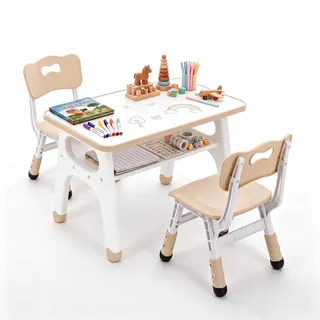Clevich Kindertisch mit 2 Stühlen, höhenverstellbarer Kinder Schreibtisch Set, Multifunktionaler Spieltisch für Kinderzimmer, 70 * 50cm Tischplatte (Gelb)