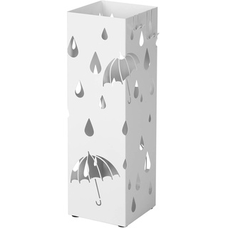 SONGMICS Regenschirmständer aus Metall, quadratischer Schirmständer, Wasserauffangschale herausnehmbar, mit Haken, 15,5 x 15,5 x 49 cm, weiß LUC49W
