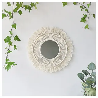 FOUORTUNATE-BEE Spiegel Boho Wandspiegel rund Makramee Fransen Deko Schlafzimmer Wohnzimmer, Runder Deko Spiegel mit Fransen Wanddeko Boho Zimmer Wohnung Stil 1