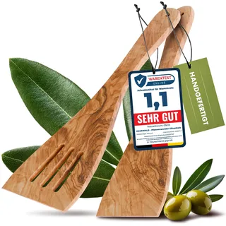 HAUSWALD® Pfannenwender Olivenholz – 2er Set [Extra breit geschlossen & mit Schlitzen] – Plastikfreie, antibakterielle und hitzebeständige Pfannenwender Holz