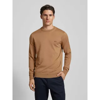 Strickpullover aus reiner Wolle mit Logo-Patch, Beige, XL
