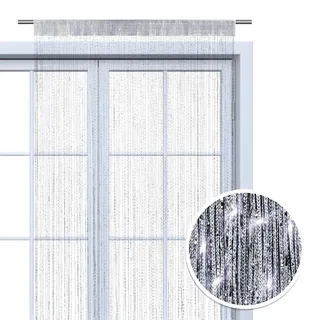 Wometo Faden-Vorhang Glitzer-Vorhang 90x245 - silber-silber glänzender Deko Schal transparent halbtransparent Weihnachten