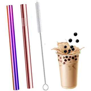 Labstandard Bubble Tea Strohhalme 2 Stück Strohhalm Edelstahl Farbstroh Wiederverwendbar und Waschbare Strohhalme Trinkhalme mit Reinigungsbürsten Geeignet für Saft und Getränke (Violett+Roségold)