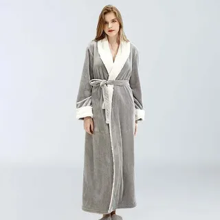 Damen-fleece-bademantel – Weicher Winter-bademantel Mit Taschen – Größe L, Grau – Ideales Geschenk