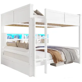 MODFU Etagenbett 160x200 cm mit LED-Beleuchtung, 6 Stauraumschränken, stabilem MDF & Kiefernholz – Weiß, platzsparend