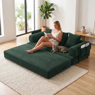 LVHOM Klappbares Schlafsofa aus Cordstoff, Modulares Tagesbett mit Metallgestell, Klappsofa Bodensofa mit Stauraum, 300kg Belastbarkeit, Grün - Grün