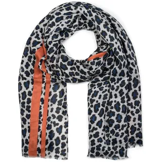 styleBREAKER Damen Schal mit Leo Muster und farbigem Streifen | Weiches Material mit Fransen | Animal Print Tuch in One Size, Farbe:Blau-Orange - Einheitsgröße