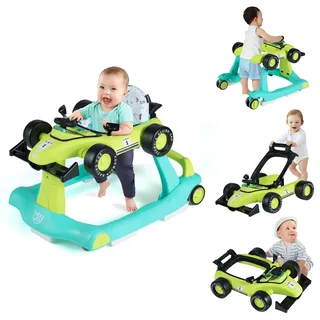 FANTASK 4 in 1 Lauflernhilfe, Autoförmiger Lauflernwagen mit Geschwindigkeit, Musikbox, Licht & Rädern, Baby Walker Höhenverstellbar & Klappbar, Gehfrei Baby ab 6 Monaten (Grün)