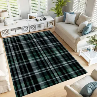 JEDTAKCT Countryside Scottish Tartan Teppich 80X150Cm Schwarz Grün – Weicher Kurzflor Teppiche Mit Simple Retro – Waschbar Pflegeleicht, Deko Teppich Für Wohnzimmer Schlafzimmer Jugendzimmer