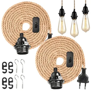 2 Stück Pendelleuchte mit Schalter und Stecker, E27 Lampenfassung 4,5M Hanfseil Lampe Vintage Lampenkabel Hängelampe Pendellampe DIY Hängende Hängeleuchte für Lager Farmhouse Loft