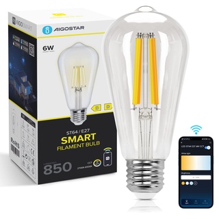 Aigostar Smart Lampe E27 Alexa Glühbirne 6W 850LM Edison Glühbirnen Dimmbare ST64 Retro Glühbirne Dimmbar 2700K-6500K, App Steuern Kompatibel mit Alexa und Google Assistant. Transparent 1 Stück(1)